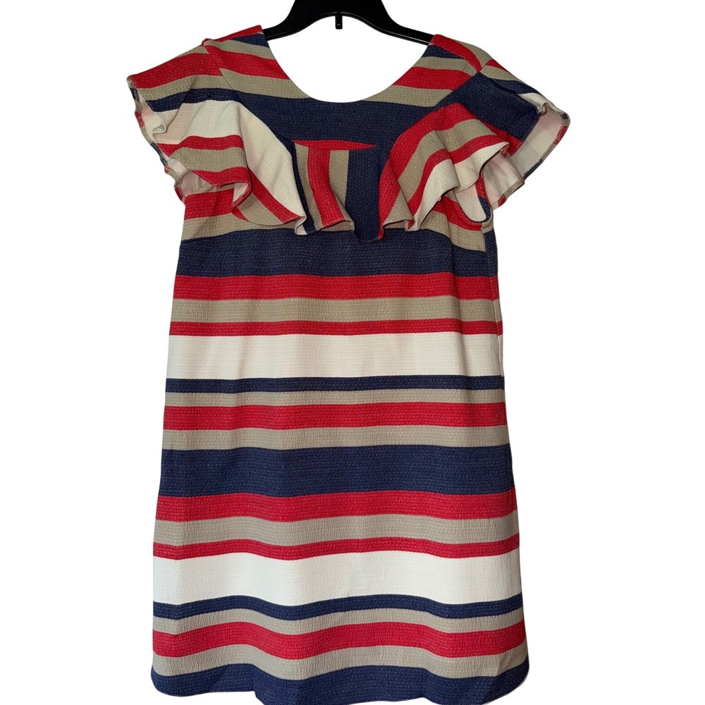 ASOS Striped Ruffle Neck Shift Dress Navy Red Tan Mini Size US 6 NWT‎